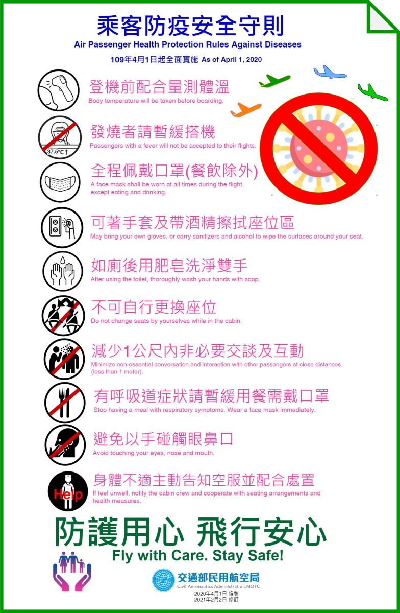 圖示說明乘客防疫安全守則 This picture showing the airline passenger health protection rules